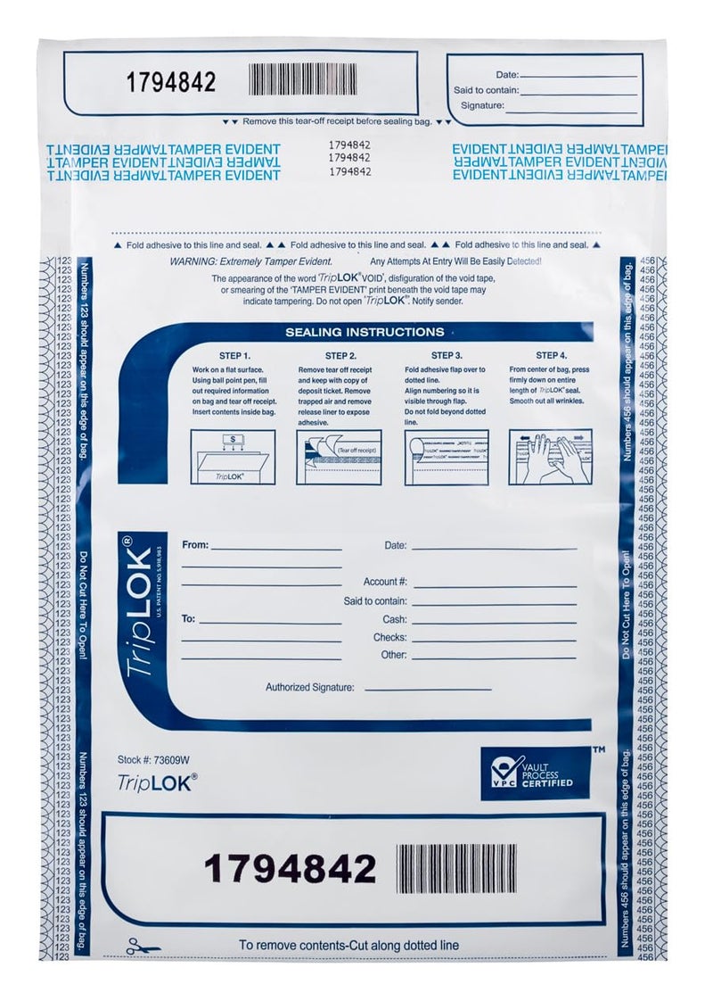 ControlTek TripLok 9" x 12", White with Pocket, 100 Bags, Tamper-Evident Deposit Bags for Cash Handling & Valuables, Moisture, Heat and Cold Sensitive Ink, Tear-Off Receipt + Large Barcodes 585036 - Image 1